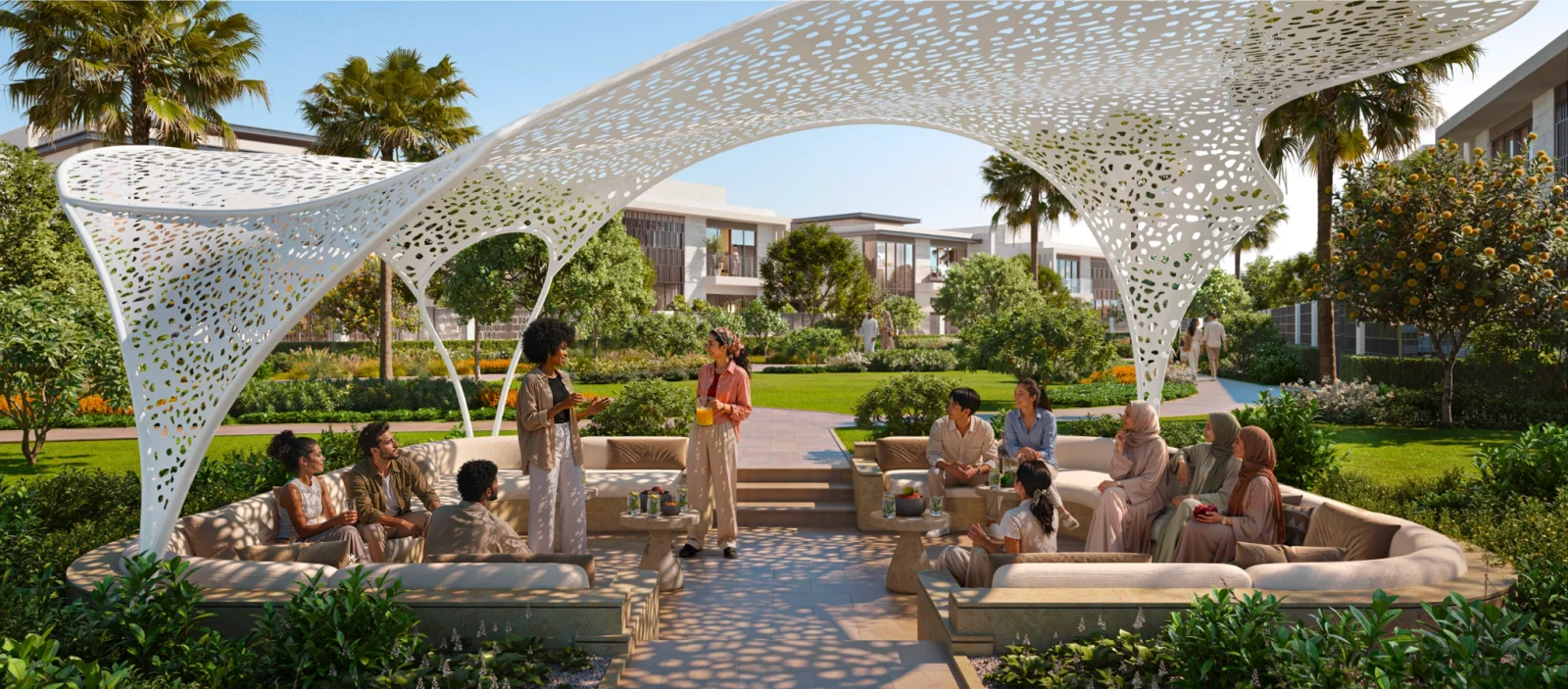 Render of the Talay outdoor majlis: a sculptural white perforated canopy on branching columns over sunken stone seating, set in landscaped gardens with villas behind