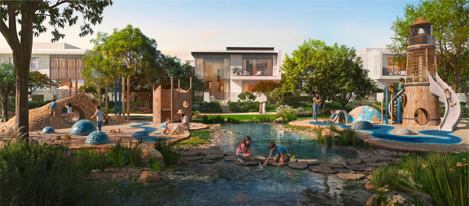 Render of the Talay childrens garden with a shallow stone-edged stream and stepping stones, a timber lighthouse play tower with slide, sand play mounds, and a detached villa with a walled garden behind