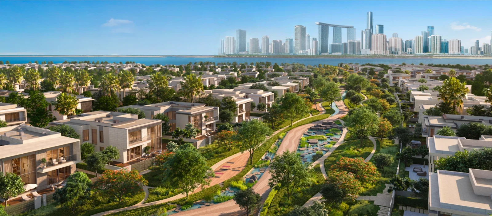 Aerial render of Talay showing rows of two-storey flat-roofed villas either side of a landscaped green spine with a water channel, with the Abu Dhabi city skyline across the water on the horizon