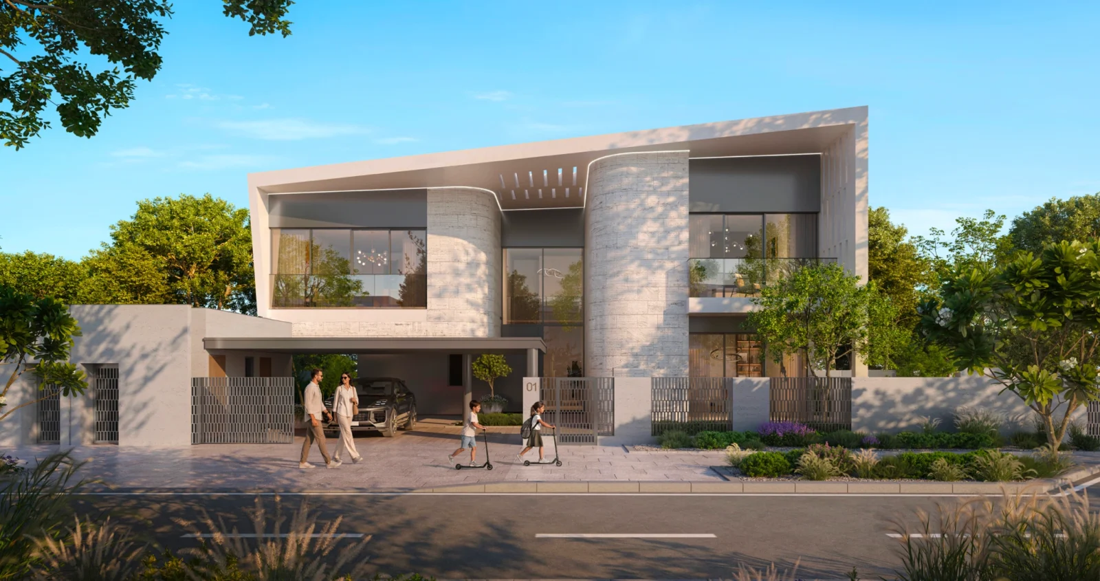 Street-facing render of a two-storey Talay villa in pale stone with a curved projecting roof, perforated louvre screens, a walled front garden and a covered carport holding two cars