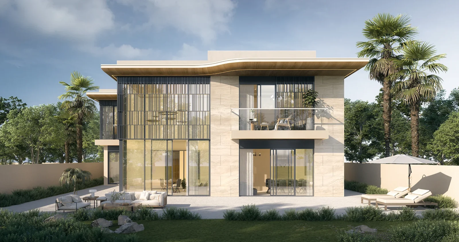 Rear render of a Talay villa showing a double-height living volume behind a full-height vertical louvre screen, a first-floor terrace, and a walled rear garden with sun loungers, an umbrella and lawn